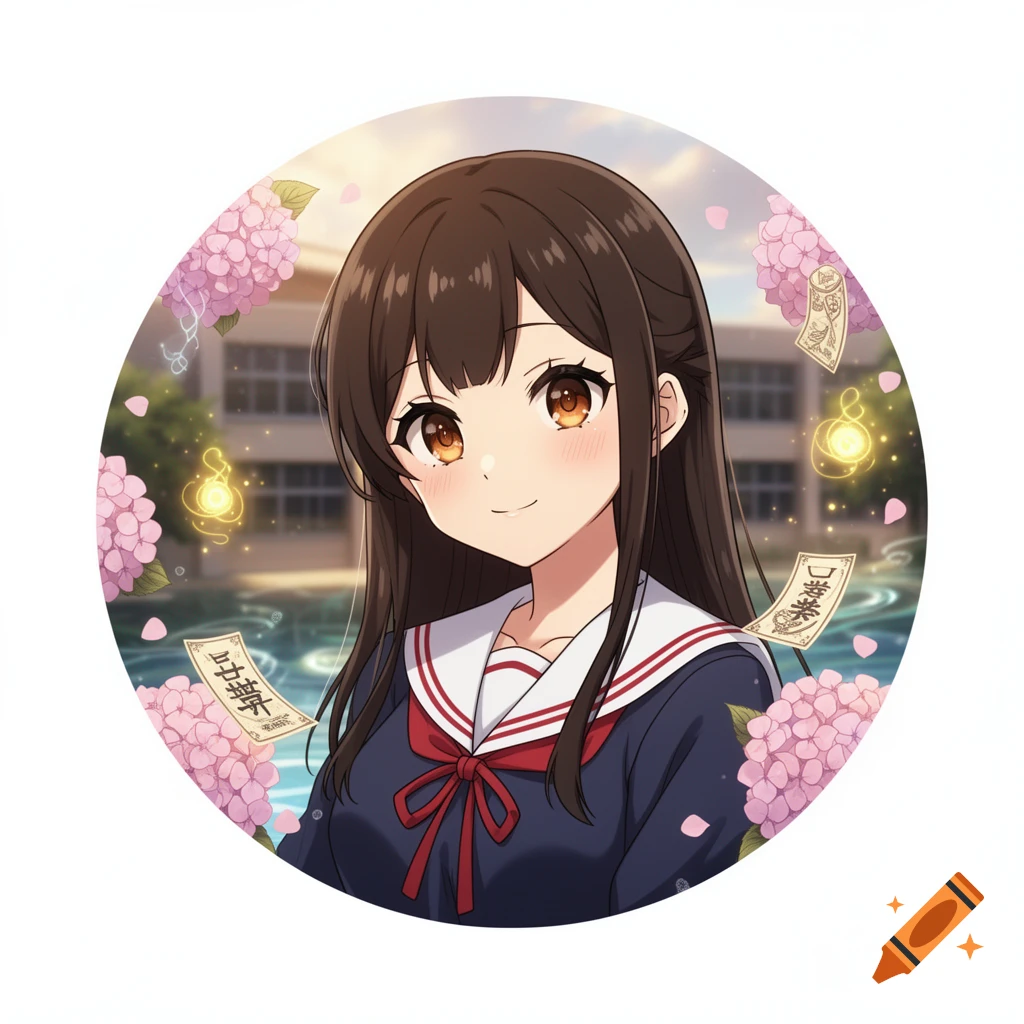 Circular anime portrait of a smiling schoolgirl with brown hair, sailor uniform, and floating paper talismans in a garden setting.