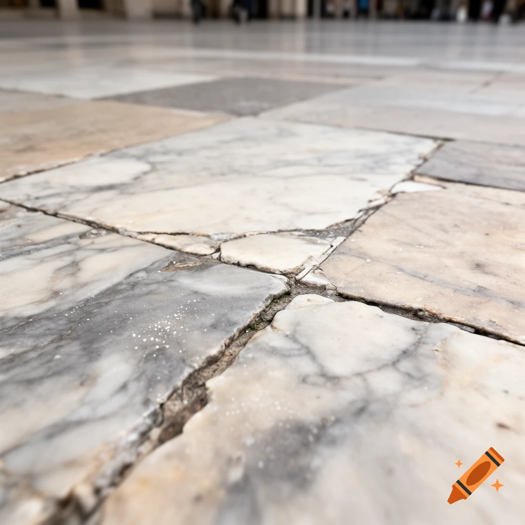 Close-up of weathered and cracked marble floor tiles in a large hall.