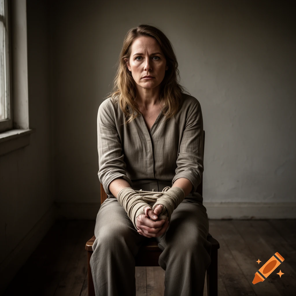 Photorealistic portrait of a woman sitting on a wooden chair with her hands bound in rope, in a dimly lit room.
