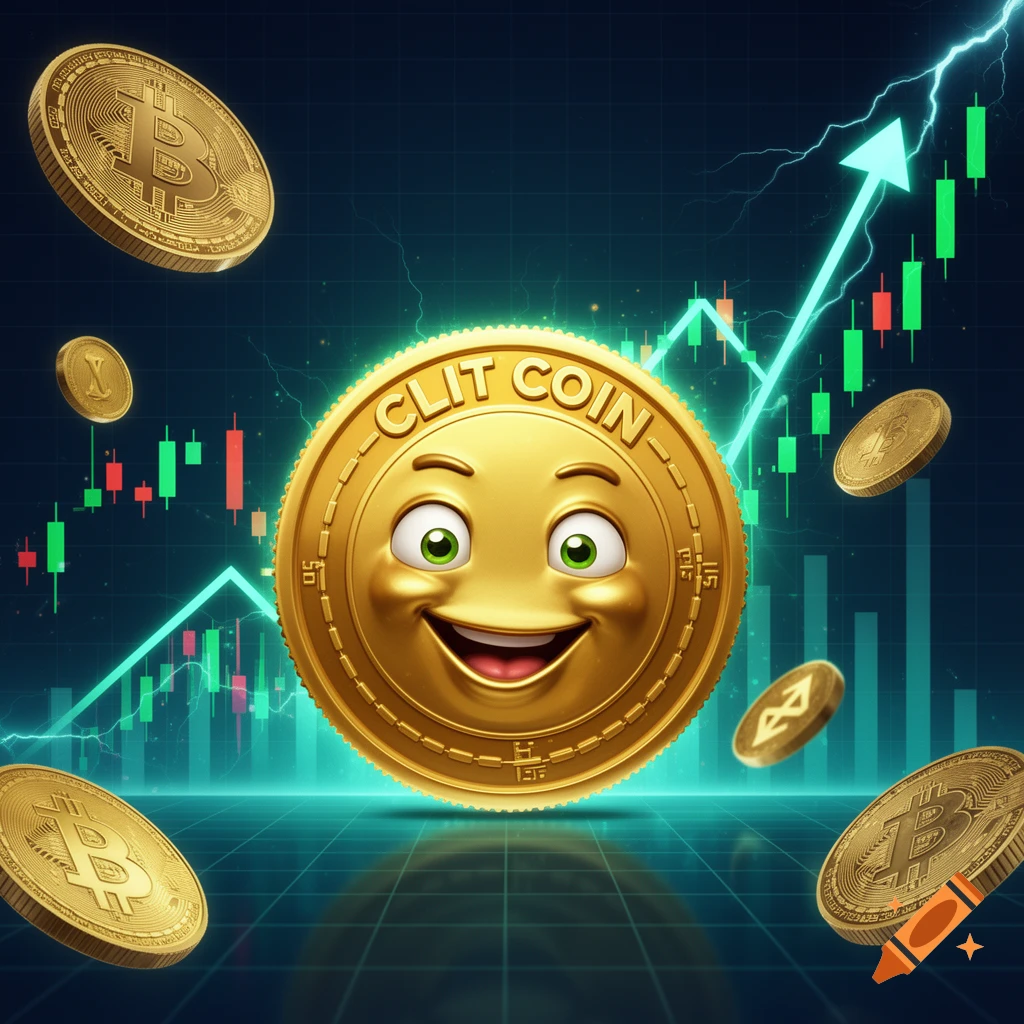 Digital 3D illustration of a gold coin with a smiling emoji face and the text CLIT COIN, surrounded by Bitcoin symbols and upward financial charts.