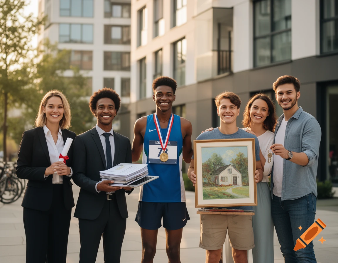 Group of diverse young adults smiling while proudly holding symbols of various life achievements outdoors.