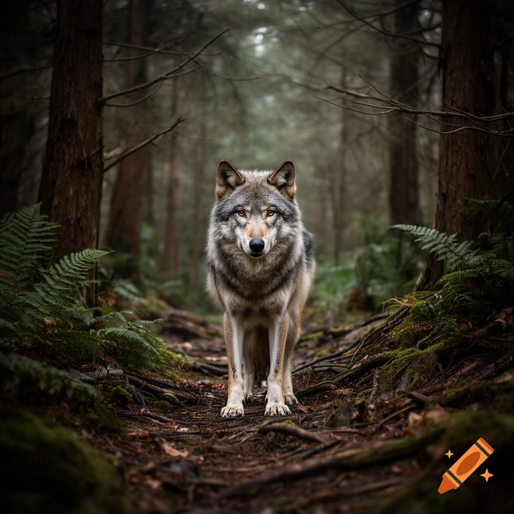Photorealistic gray wolf standing on a path in a misty, dense forest.