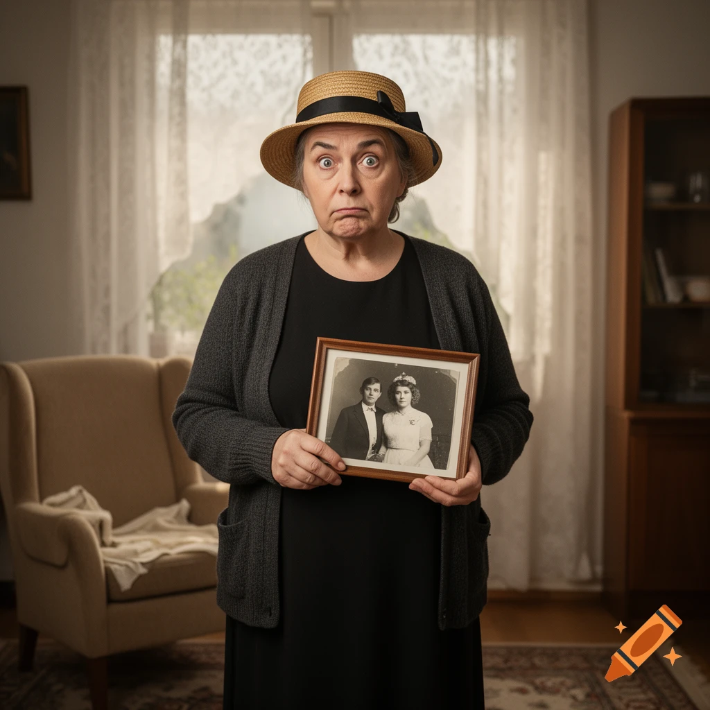 An elderly woman wearing a hat and black dress holding a framed black and white photograph in an indoor room, photorealistic.