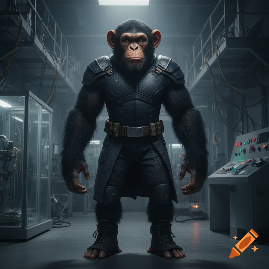 Photorealistic image of a mutated chimpanzee in a dark sci-fi super-villain outfit inside a laboratory.