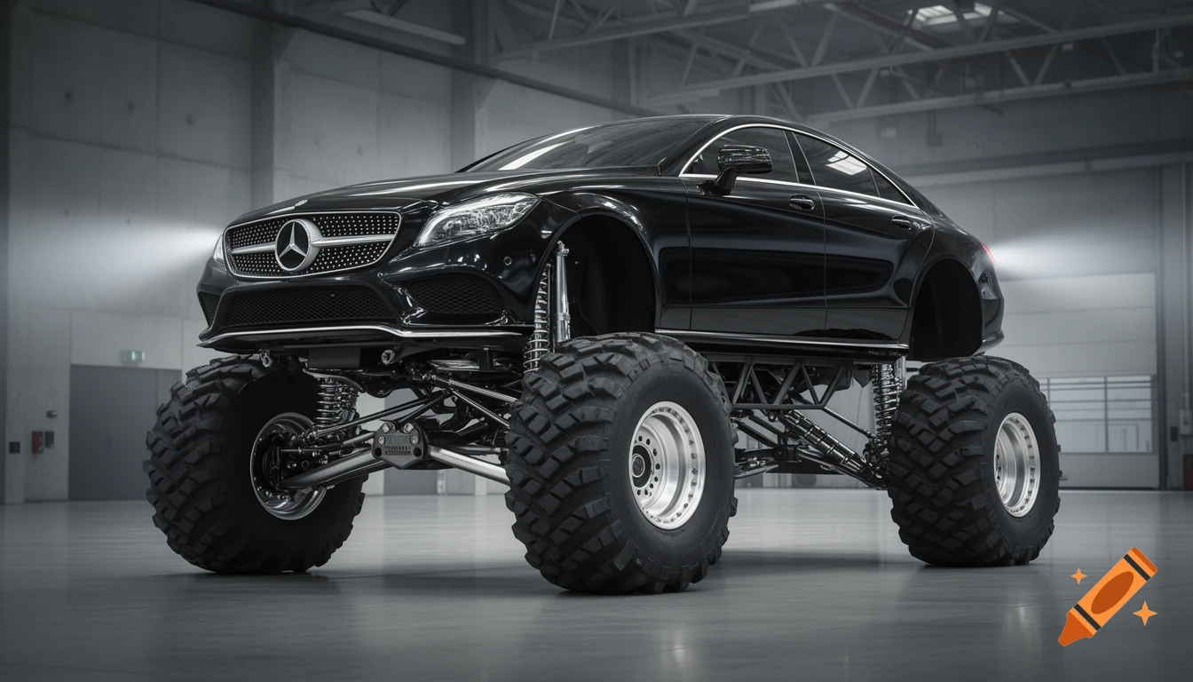 Photorealistic image of a modified black Mercedes-Benz CLS sedan mounted on a massive monster truck chassis in a concrete industrial hangar.