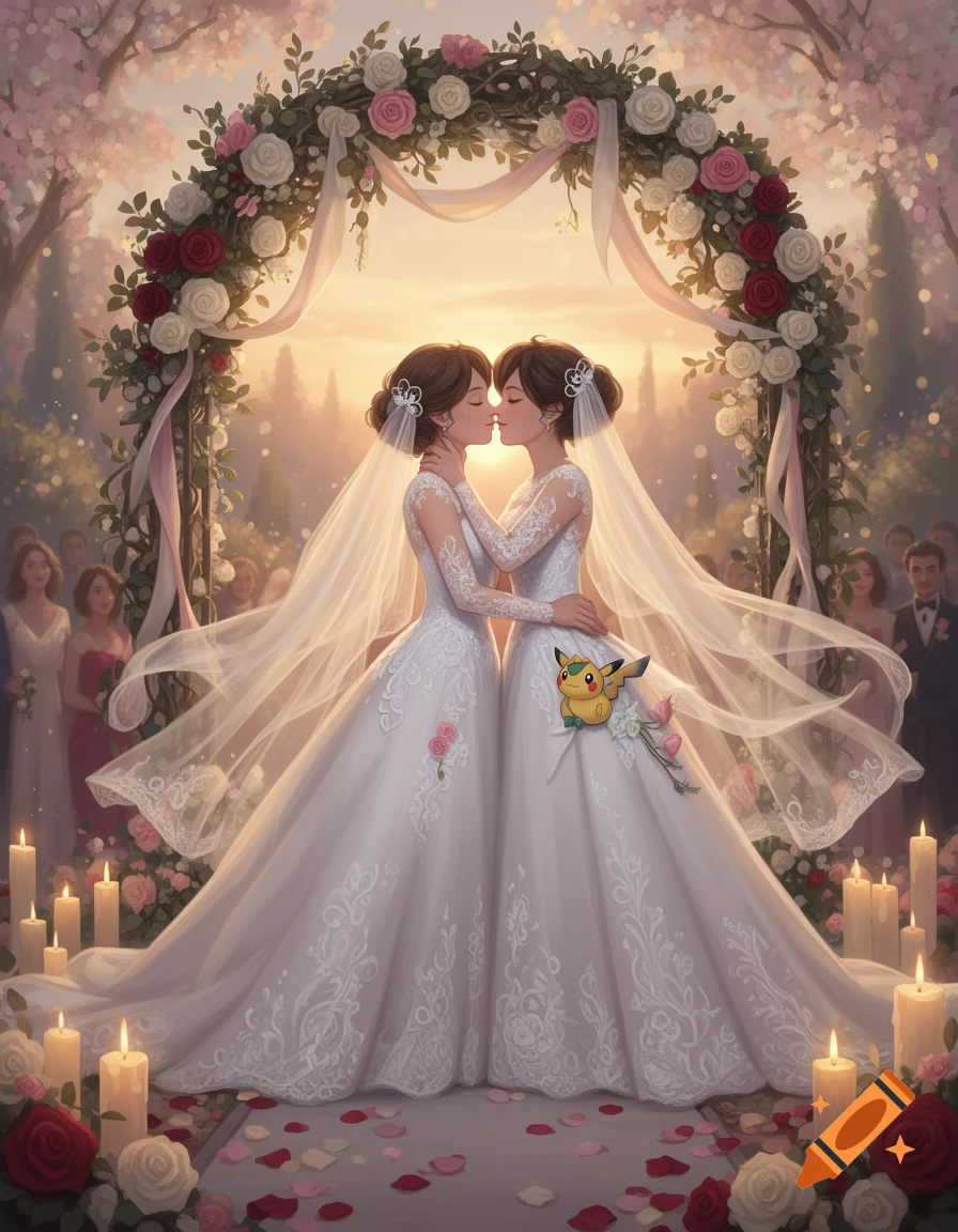 Digital painting of two women in white wedding dresses kissing under a floral archway at sunset, with guests and a small Pikachu figure.