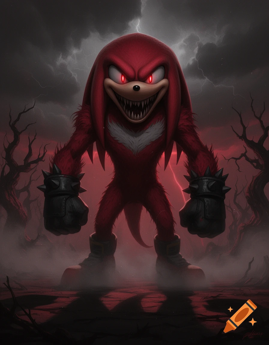 A dark, menacing version of Knuckles the Echidna with sharp teeth and glowing red eyes, standing in a foggy, dead forest.