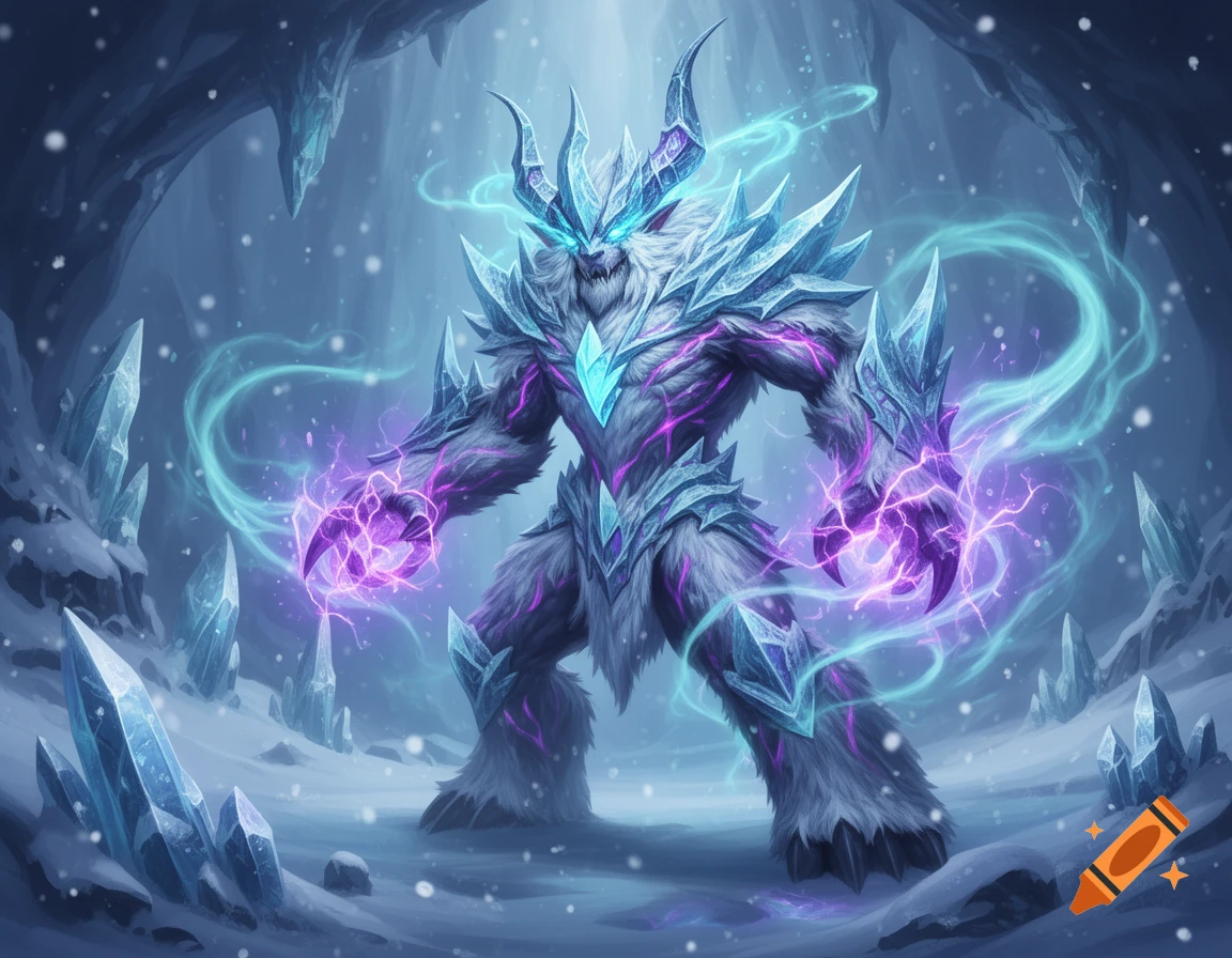 Digital painting of a horned, furry monster with ice crystals and glowing purple magic in a snowy cave.