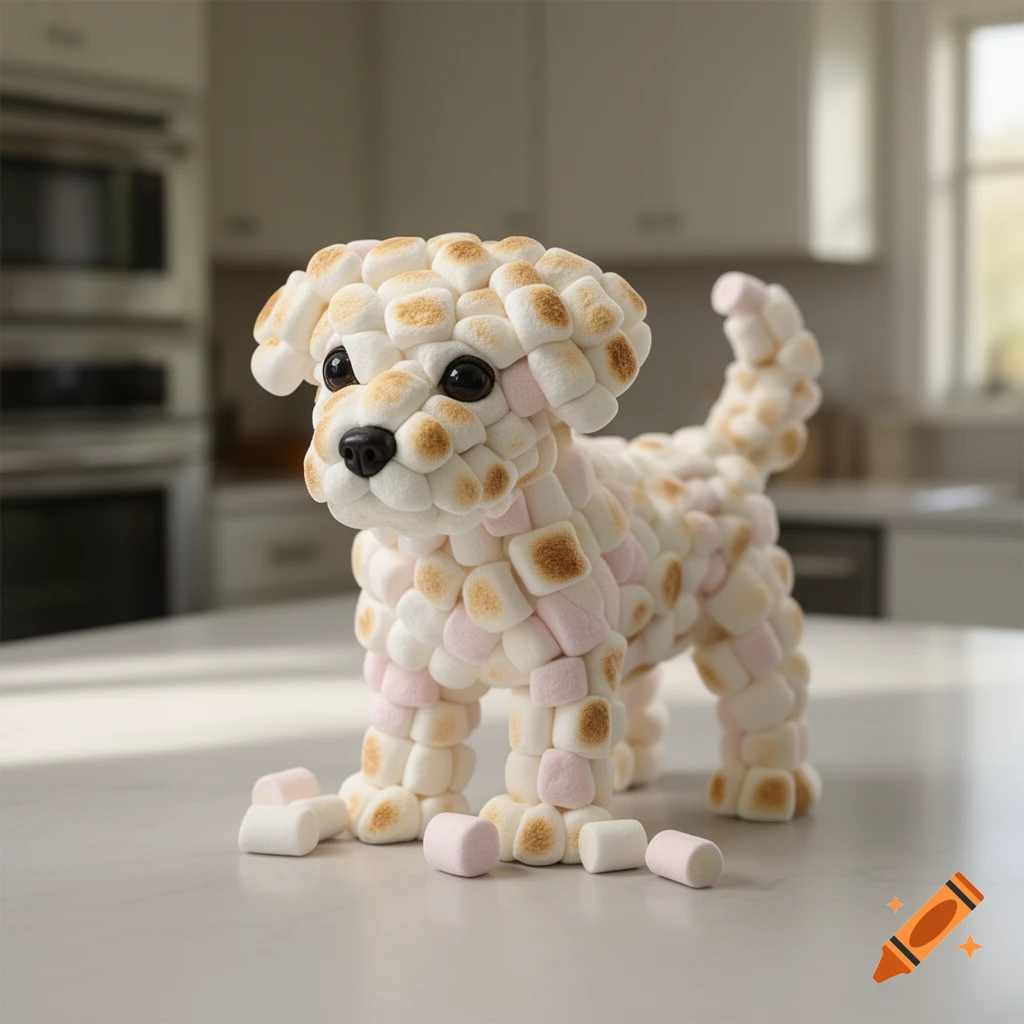 A photorealistic puppy sculpted entirely out of marshmallows standing on a kitchen counter.