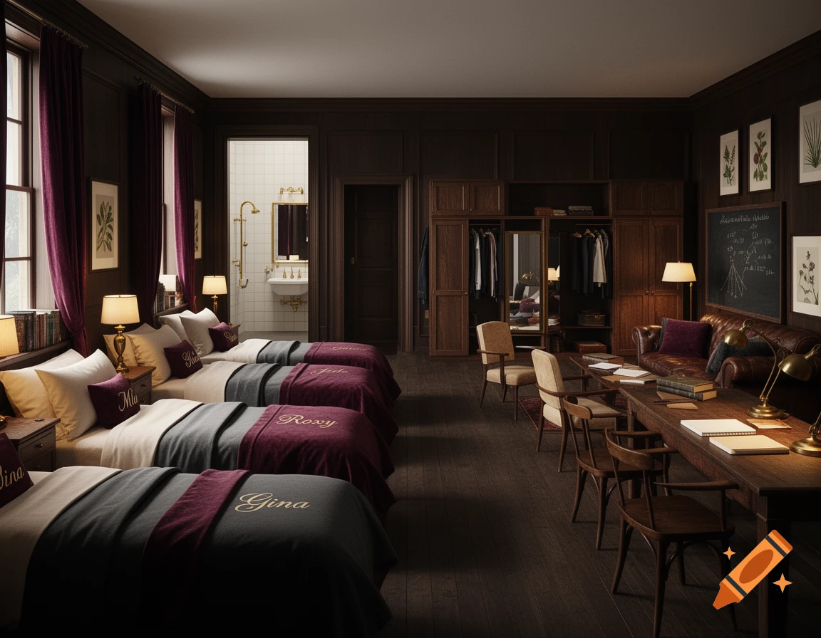 Photorealistic dark academia style dormitory room with multiple beds, wooden study desks, and a connected bathroom.