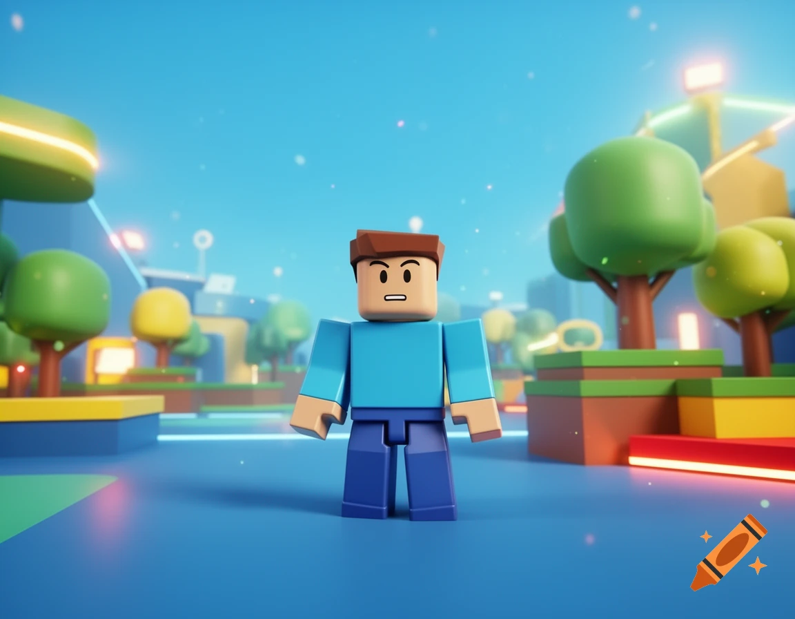 A 3D render of a blocky character resembling a Roblox avatar in a colorful virtual world.