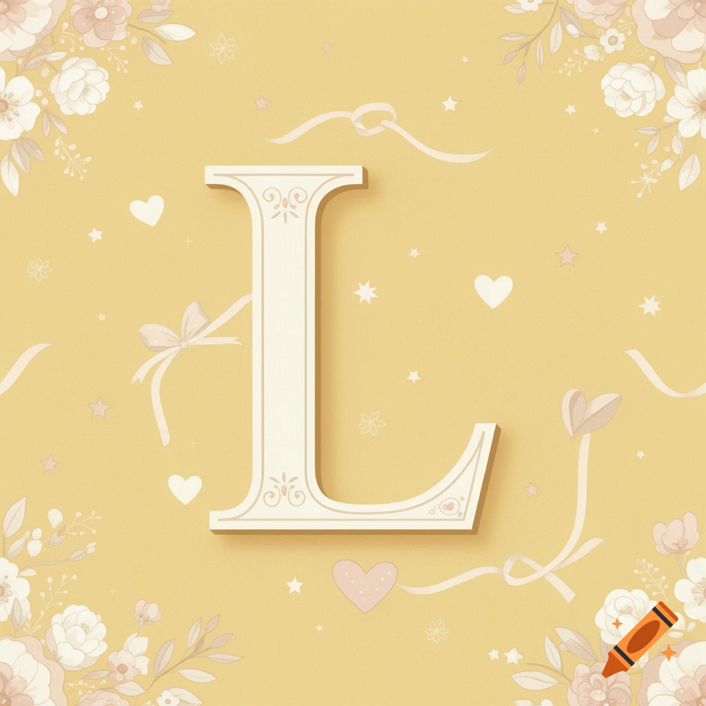 A decorative letter L in a serif font on a yellow background with floral and star accents.