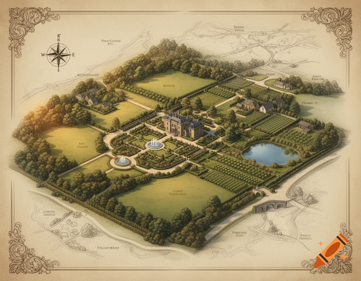 An illustrative, bird's-eye view map of an extensive country estate with a grand manor, gardens, fields, and a pond, in a vintage style.