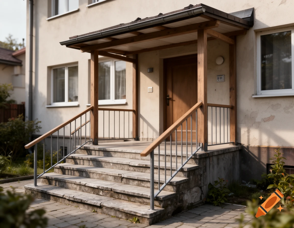 photograph of a house entrance with covered stairs and a wooden canopy