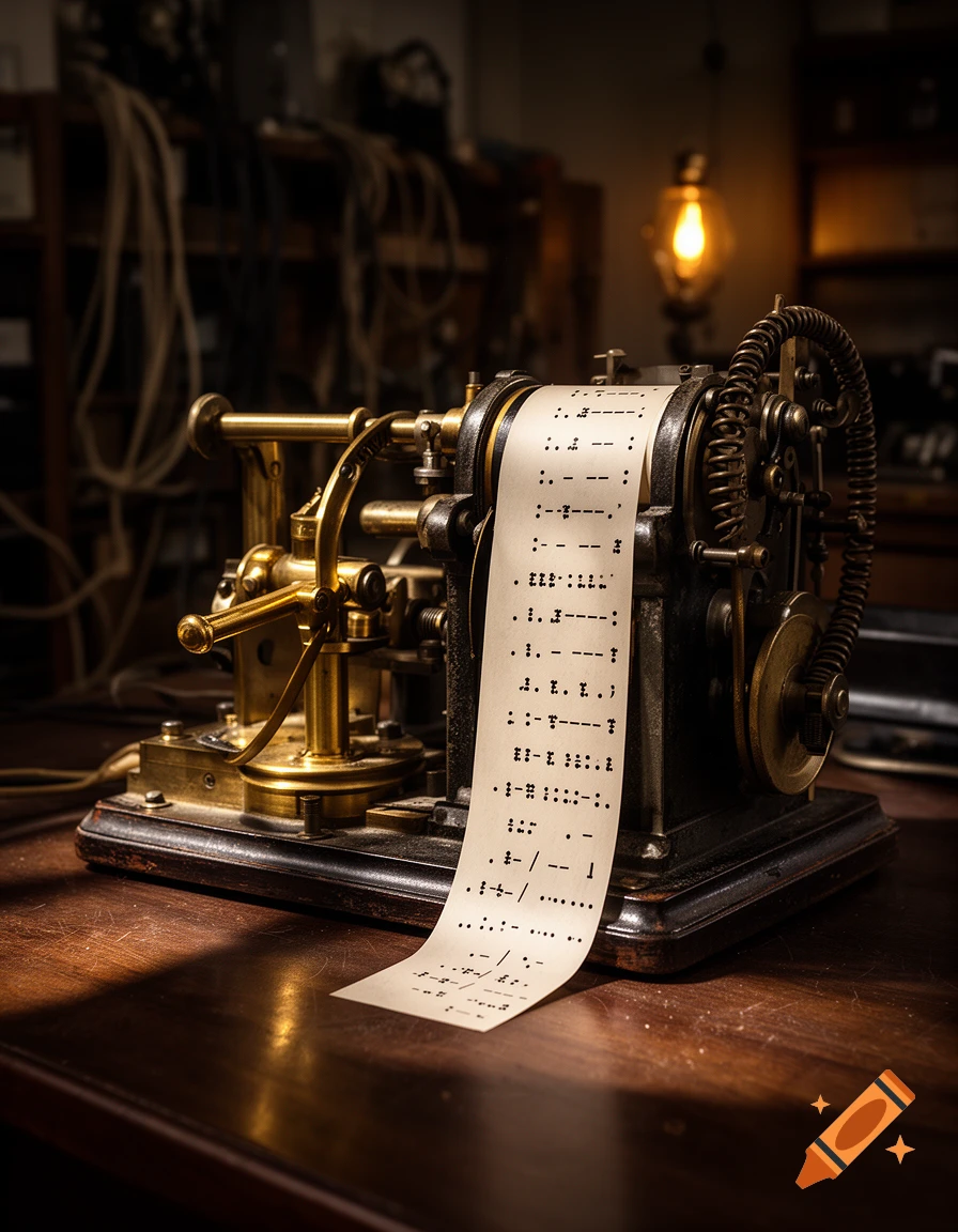 A vintage brass and black metal Morse code machine with a paper tape unrolling on a wooden table.