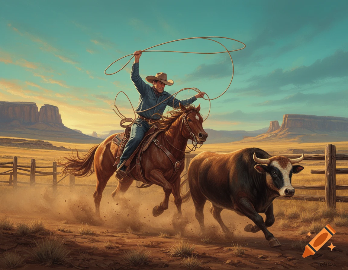 A cowboy on a horse roping a bull in a desert landscape with buttes in the background, in the style of a western painting.