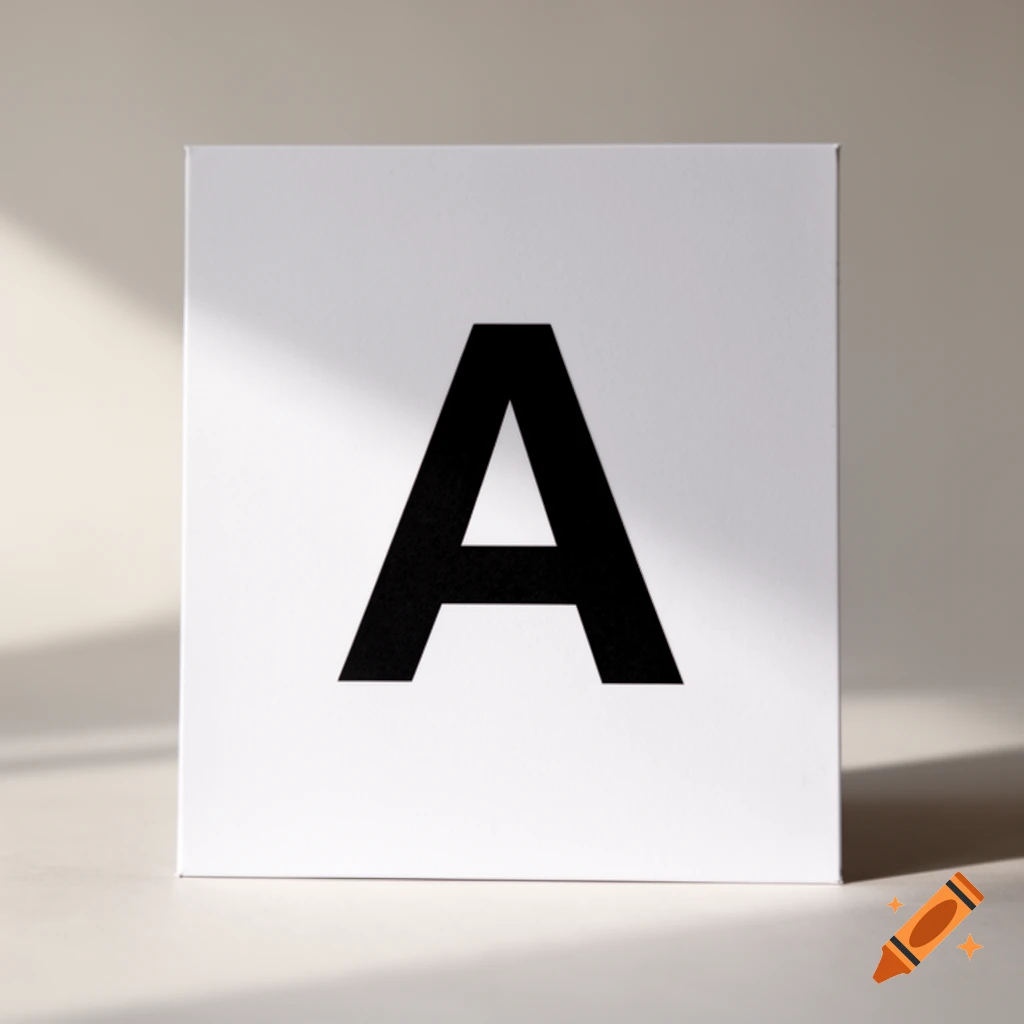 A black uppercase letter A centered on a white square card in a minimalist setting.