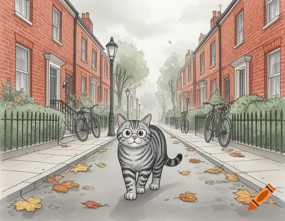 A grey tabby cat with round glasses walking down an English residential street with red brick townhouses in a drawing style.