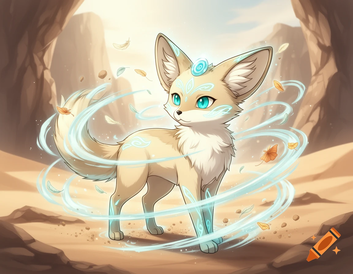 Anime-style fennec fox with elemental air swirls and glowing blue markings in a desert canyon.