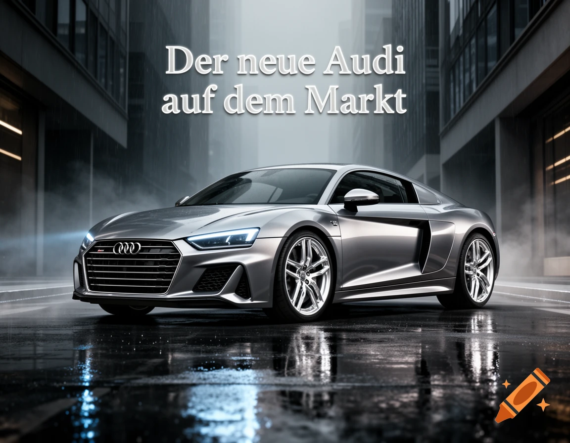 A sleek silver Audi sports car parked on a wet city street at night with glowing headlights and tall buildings in the background.