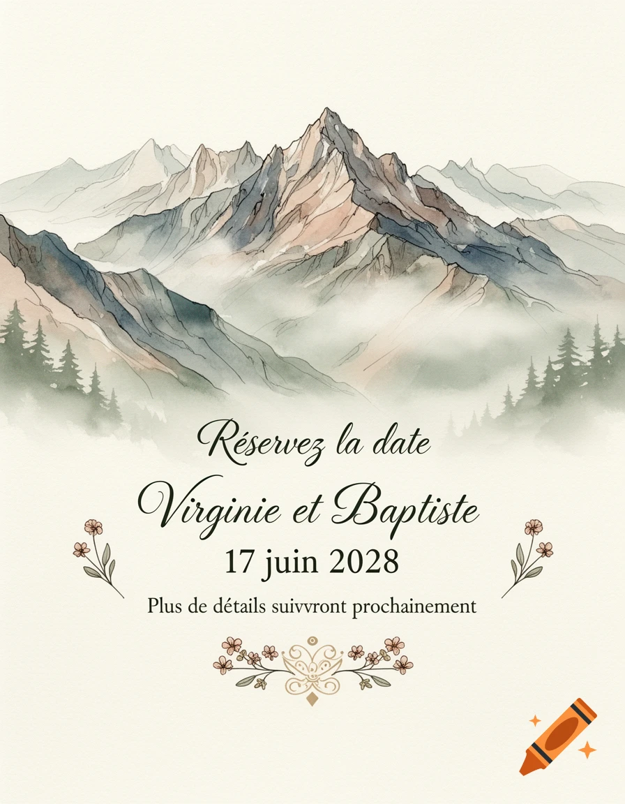 Watercolor save the date invitation featuring a mountain landscape with misty pine trees and French text.