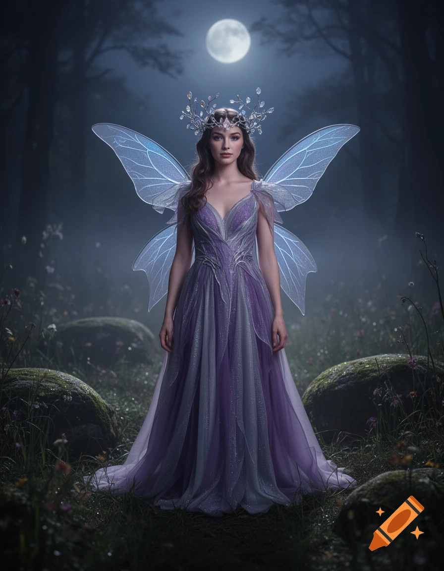 Photorealistic image of a fairy with sparkling purple dress, translucent wings, and a crystal crown standing in a dark forest at night.