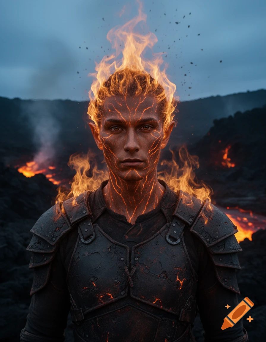 Close-up portrait of a fantasy flamekin character with glowing fire hair and magma cracks on skin, wearing dark armor against a volcanic background.