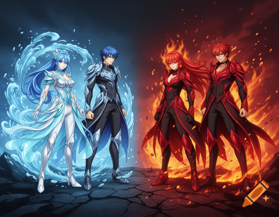 Anime illustration of four fantasy characters, two in blue and white representing water on the left, and two in red and black representing fire on the right.