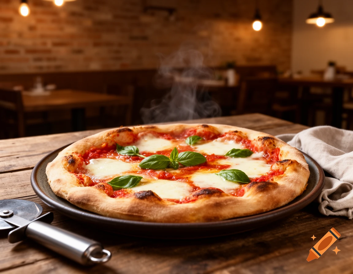 A photorealistic Margherita pizza with fresh basil leaves and melting cheese on a dark plate, placed on a rustic wooden table in a restaurant.
