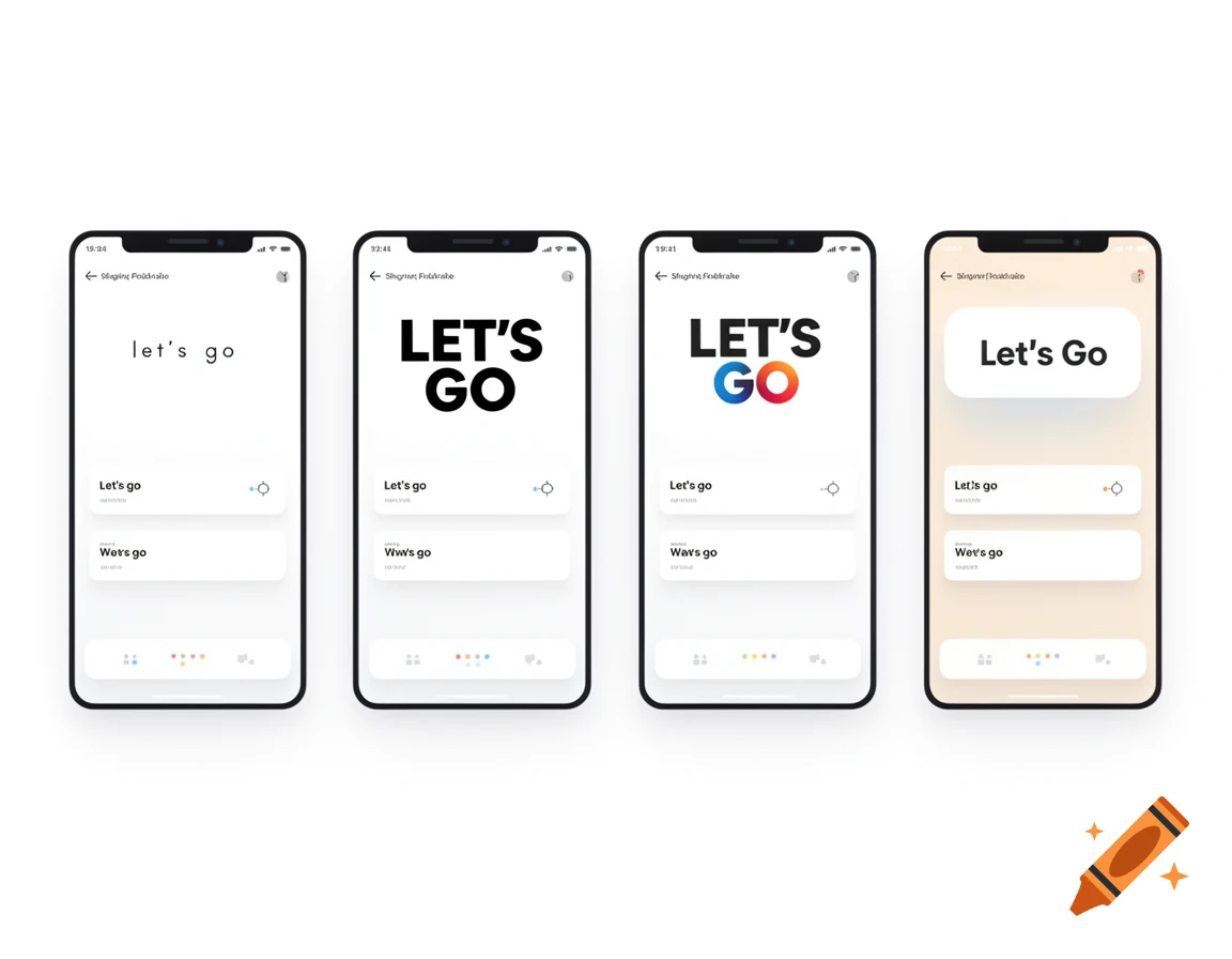 Four mobile app wireframe mockups side by side showing different title styles on a clean light UI background.