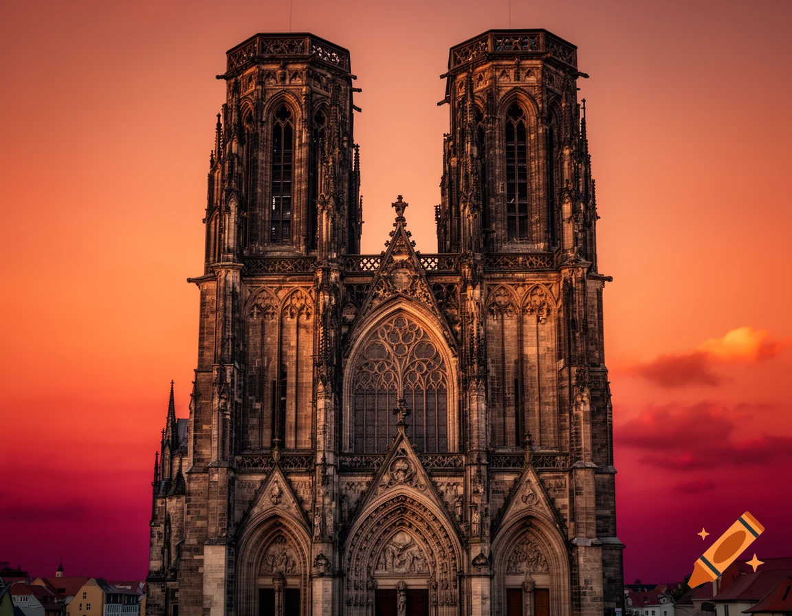 Photorealistic image of the Magdeburg Cathedral facade during a striking orangerot sunrise.