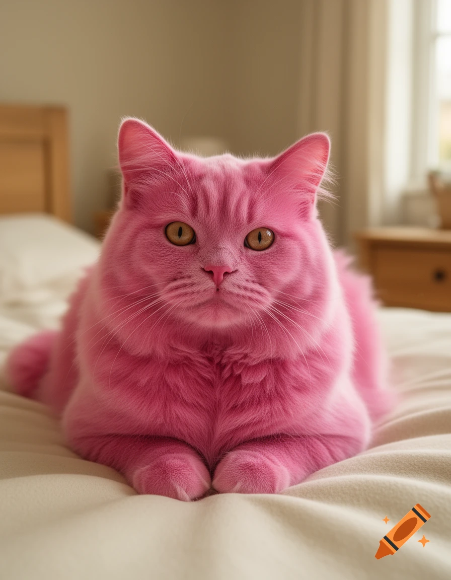Photorealistic close-up of a fluffy bright pink cat lying comfortably on a bed in a sunlit bedroom.