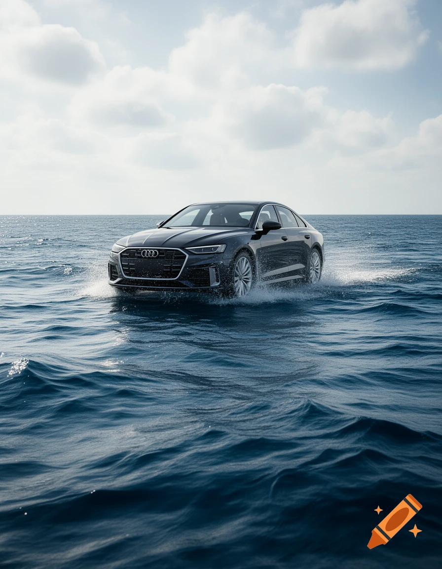 Photorealistic image of a dark grey Audi sedan driving on the open ocean waves under a cloudy sky.