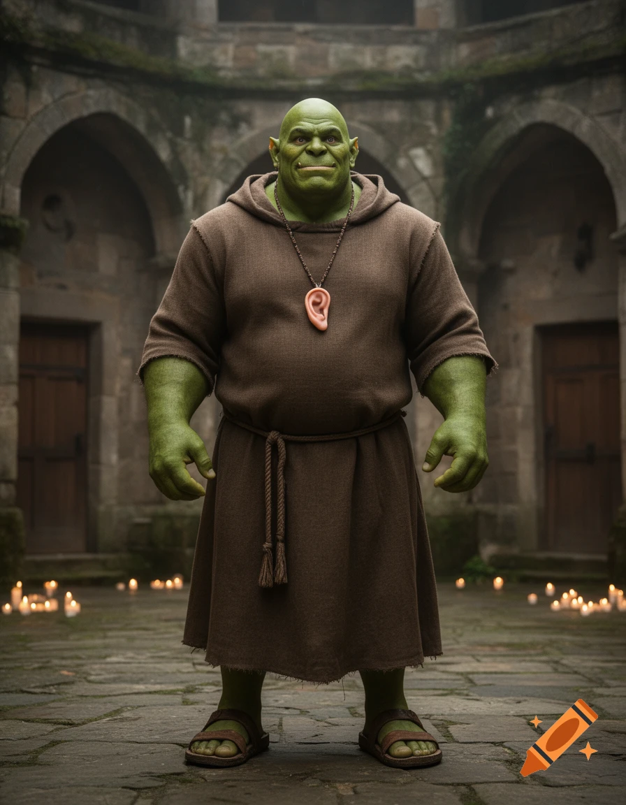 Photorealistic full-body portrait of a green-skinned orc monk wearing a brown hooded robe and holding a severed ear necklace, standing in a medieval stone courtyard.