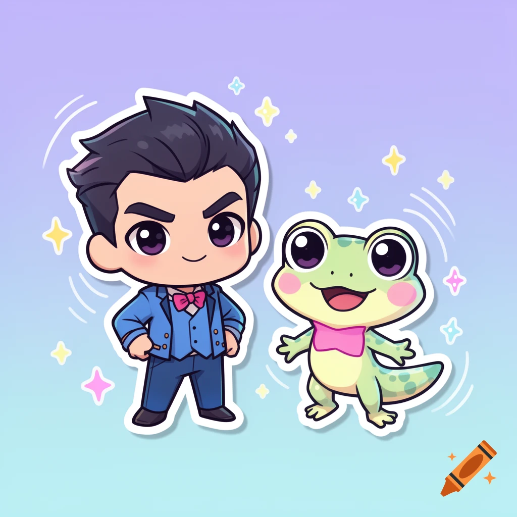 Chibi digital sticker style illustration of a human male character in a blue suit with a pink bow tie standing next to a cute green frog-like creature with pink cheeks.