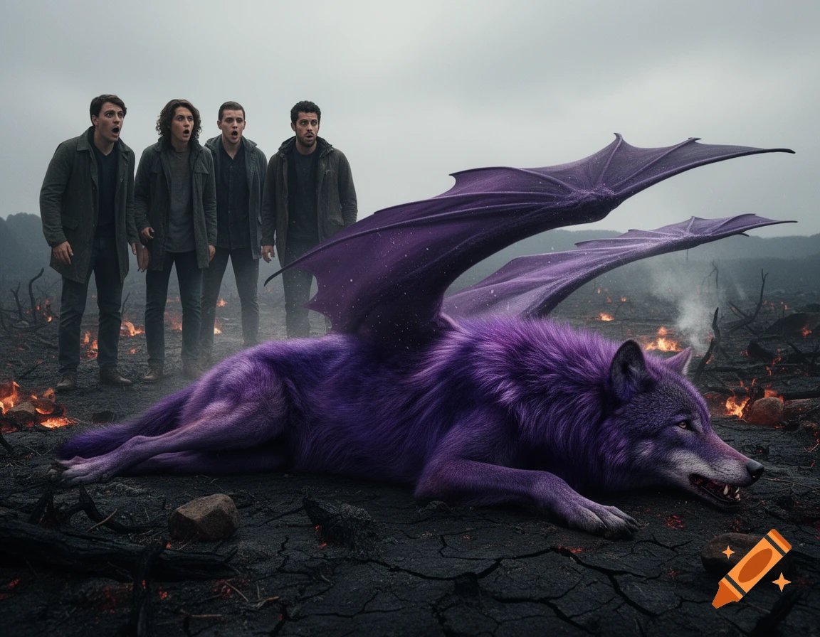 Photorealistic image of four men looking in astonishment at a large, winged, purple-furred wolf lying on charred, smoky ground.