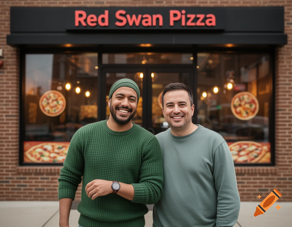 Photorealistic image of two smiling men standing outside Red Swan Pizza restaurant.