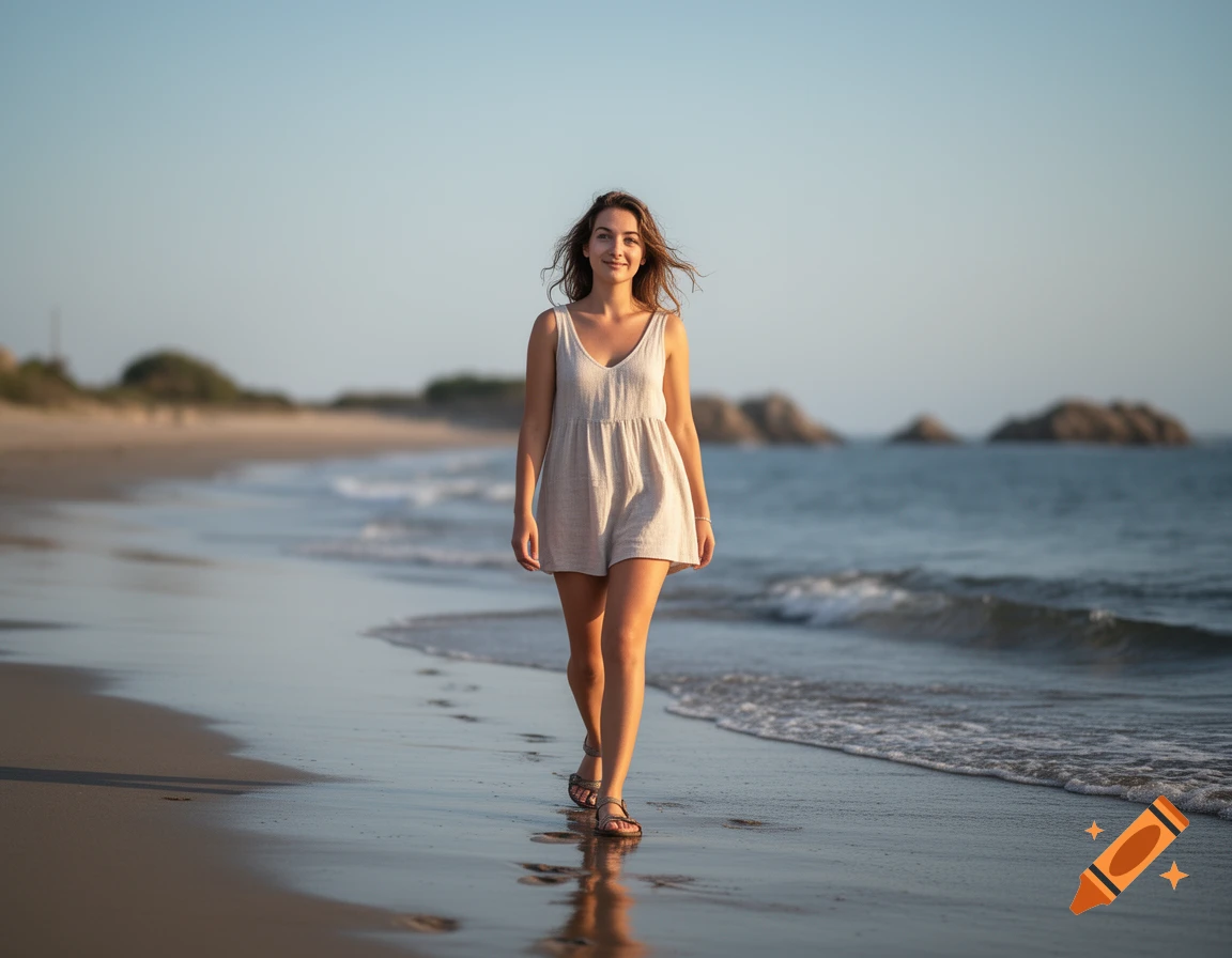 Photorealistic image of a woman in a light dress walking along a sandy beach near ocean waves at sunset.