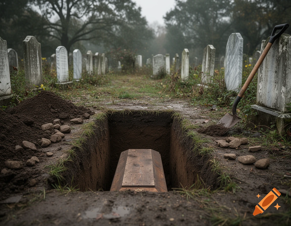 Photorealistic image of an open grave with a wooden coffin inside, set in a misty cemetery with tombstones and a shovel.