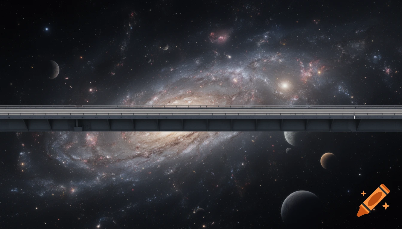 A flat bridge span stretches horizontally across a photorealistic view of a glowing spiral galaxy and planets in space.