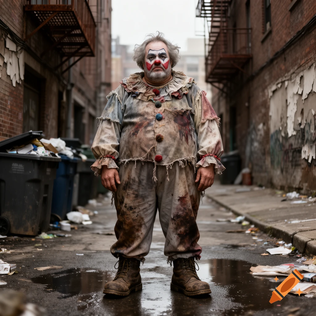 Photorealistic full-body portrait of a dirty, feral clown standing in a gritty alleyway.