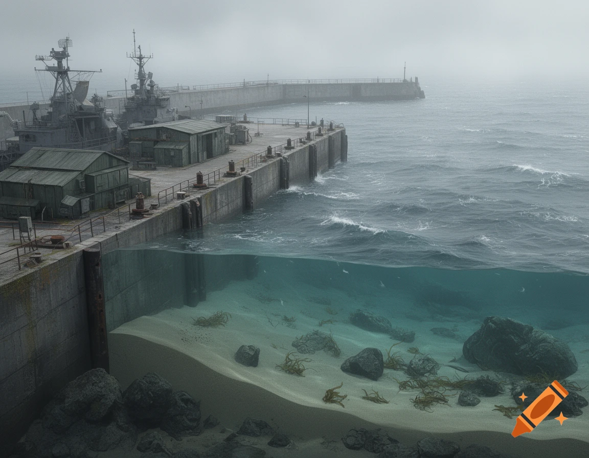 Photorealistic view of a military harbor with a concrete pier and ships, featuring a cross-section showing the sandy seabed underwater.