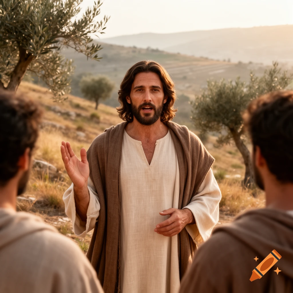 Photorealistic scene of a man with long brown hair and beard in a tunic, speaking with his hand raised, surrounded by two followers outdoors in a hilly landscape.
