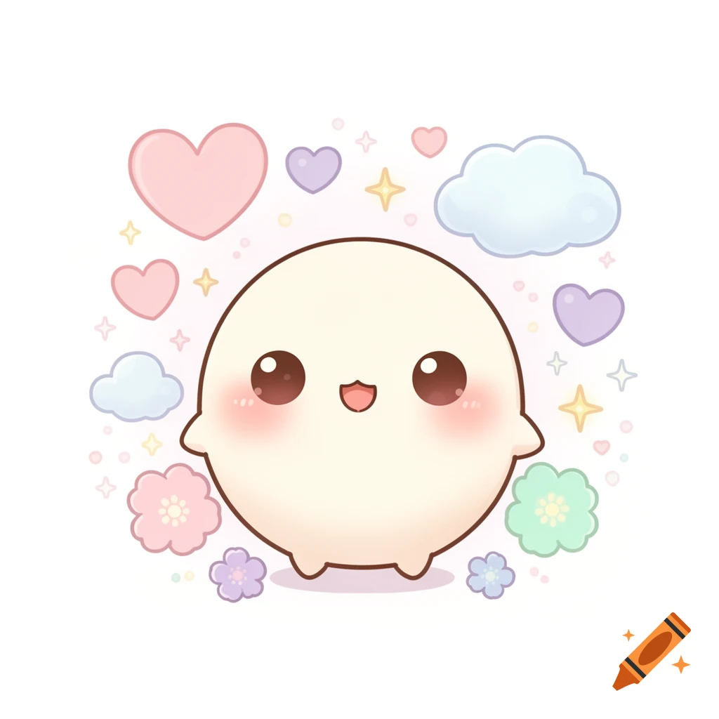 A cute, round, white kawaii character surrounded by pastel hearts, clouds, flowers, and sparkles on a white background.