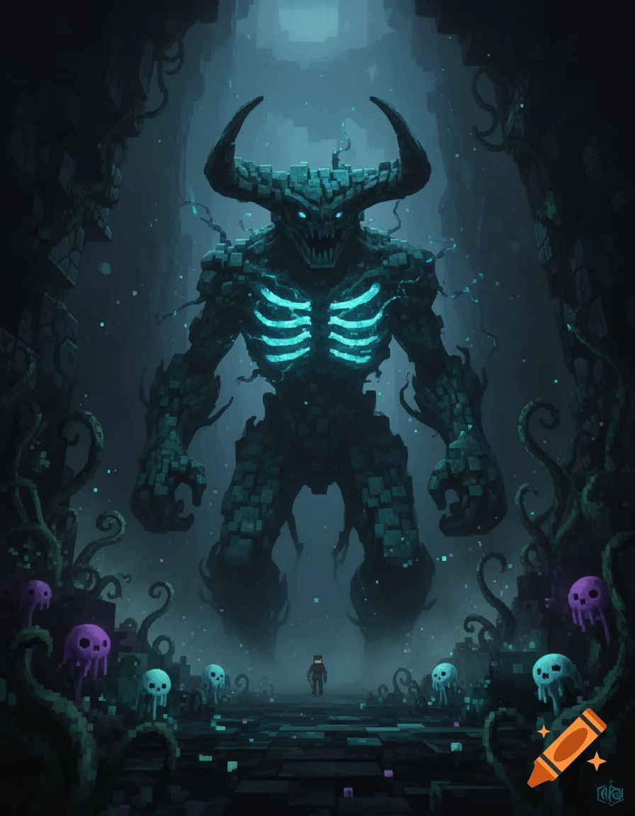 Dark pixel art style illustration of a massive horned monster with glowing cyan ribs in a cavern, with a small human figure below.