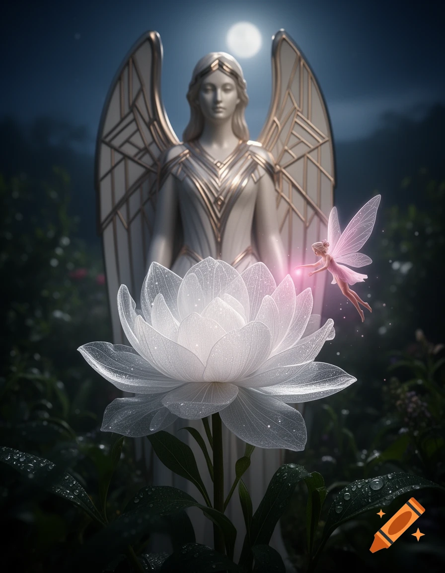 A glowing translucent lotus flower in a midnight garden with a small pink fairy and an art deco angel statue in the background.