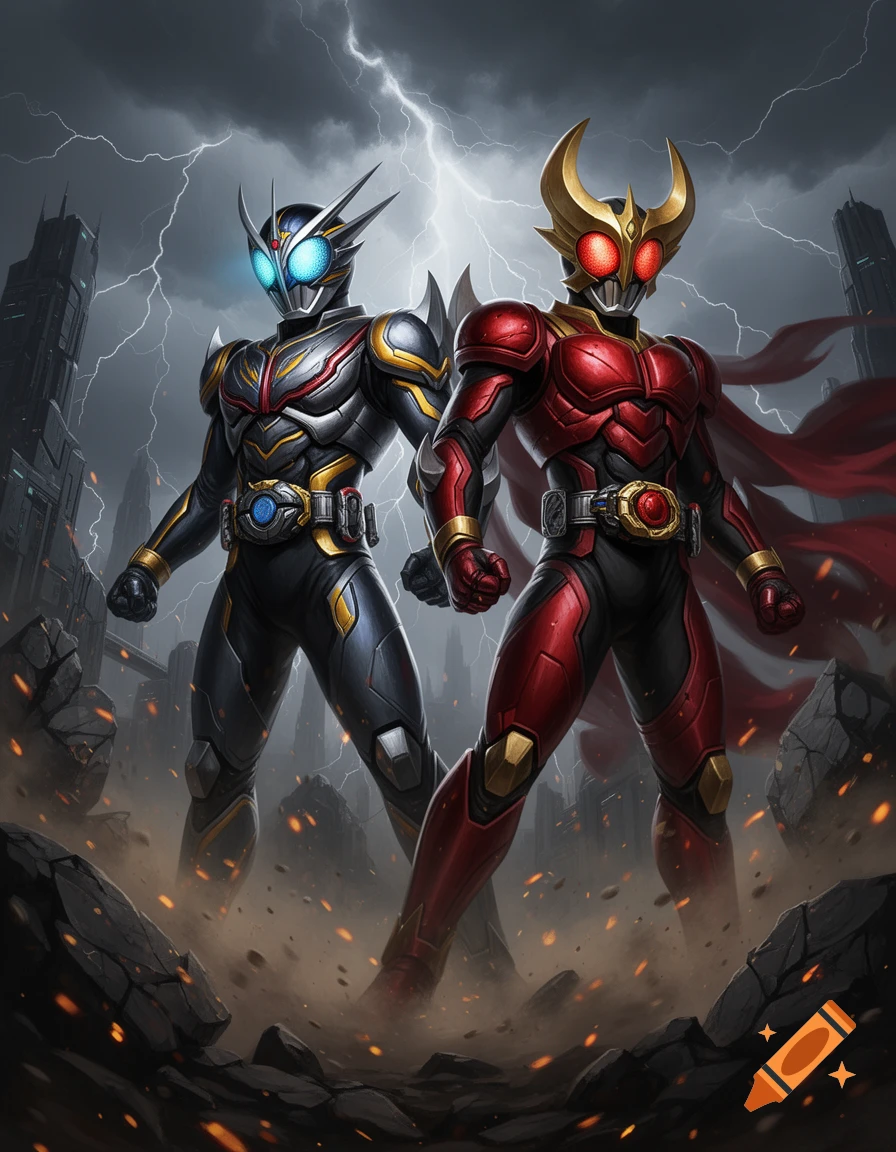 Two Kamen Rider heroes in detailed armored suits standing amid rubble and lightning during a storm, digital illustration.
