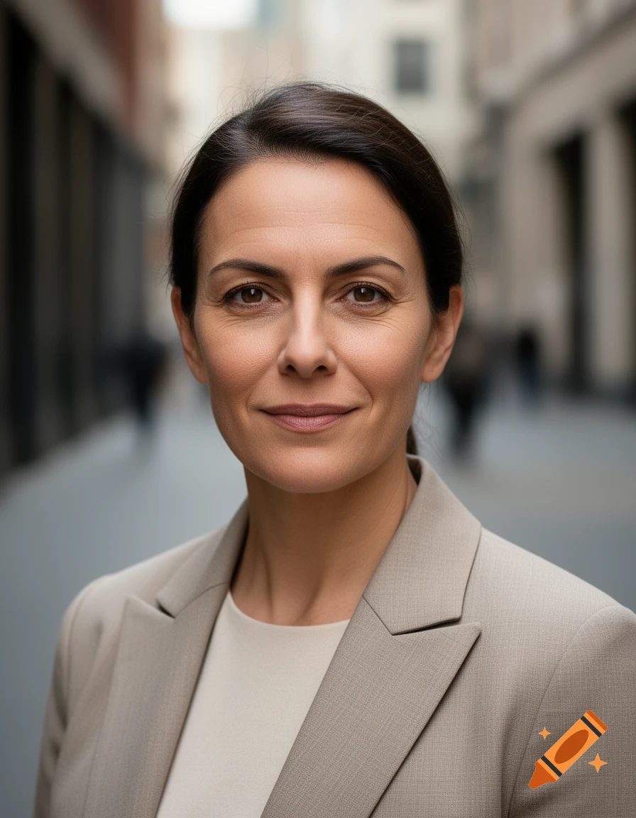 Photorealistic close-up portrait of a woman in a beige blazer against a blurred urban background.
