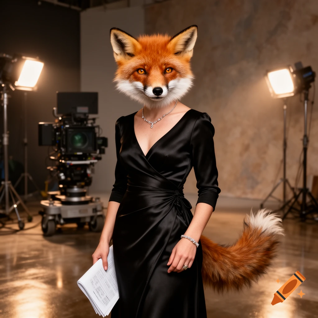 Photorealistic portrait of an anthropomorphic red fox with a human body wearing a black evening dress in a film studio setting.