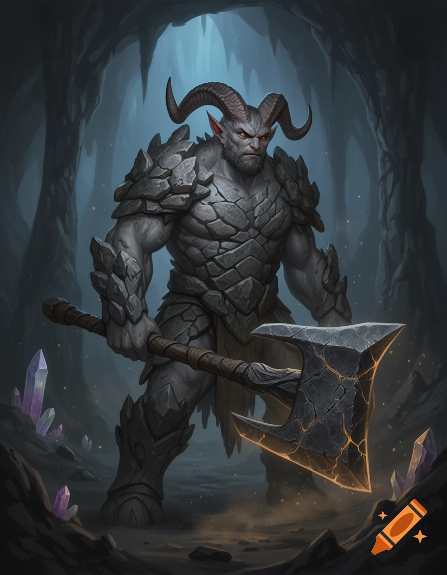 Digital illustration of a large, grey-skinned tiefling barbarian with horns and rock armor, holding a massive stone greataxe in a cave.